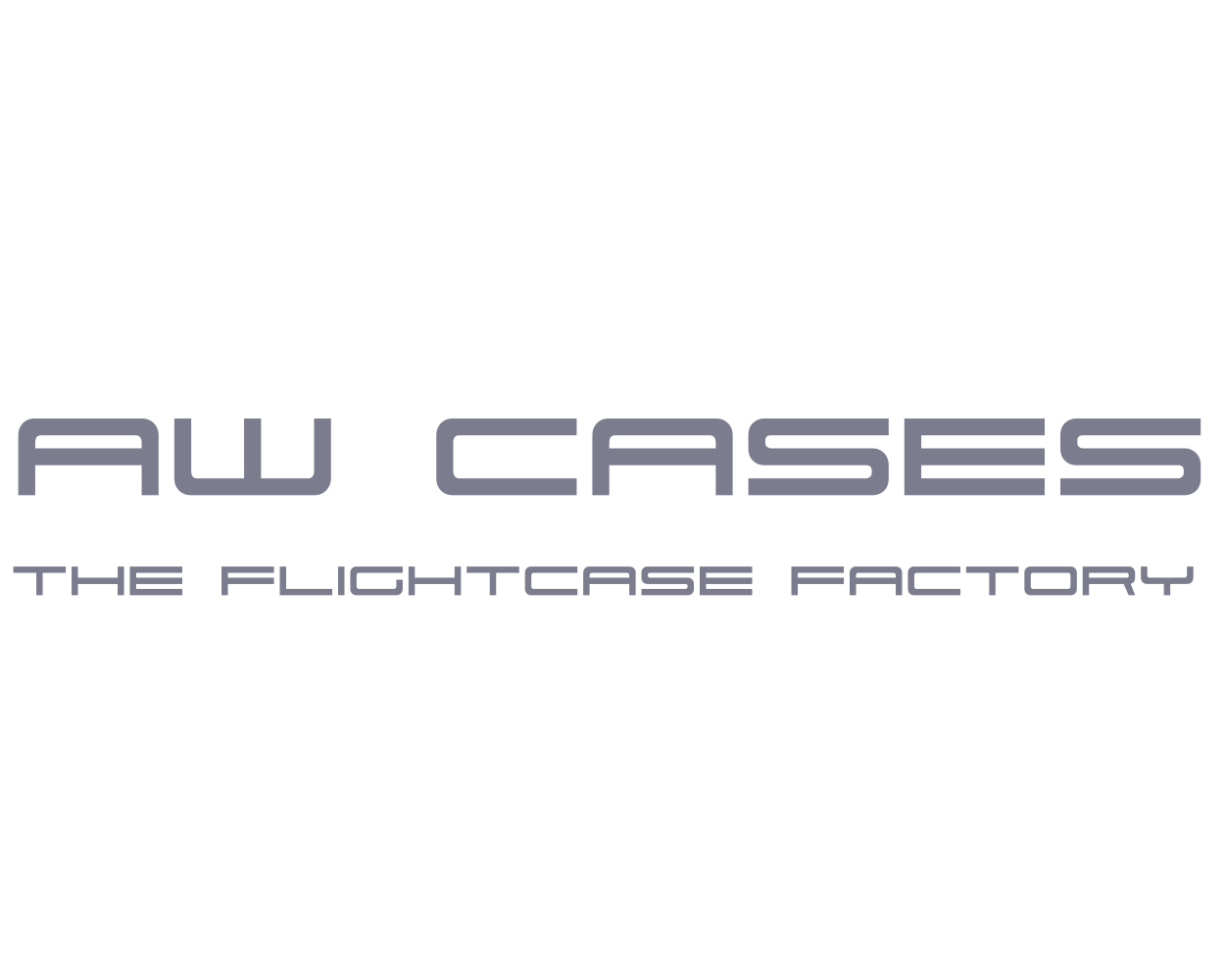 Logo van AW Cases, het bedrijf dat luchthuisdozen produceert, met zwarte achtergrond en grijze tekst.