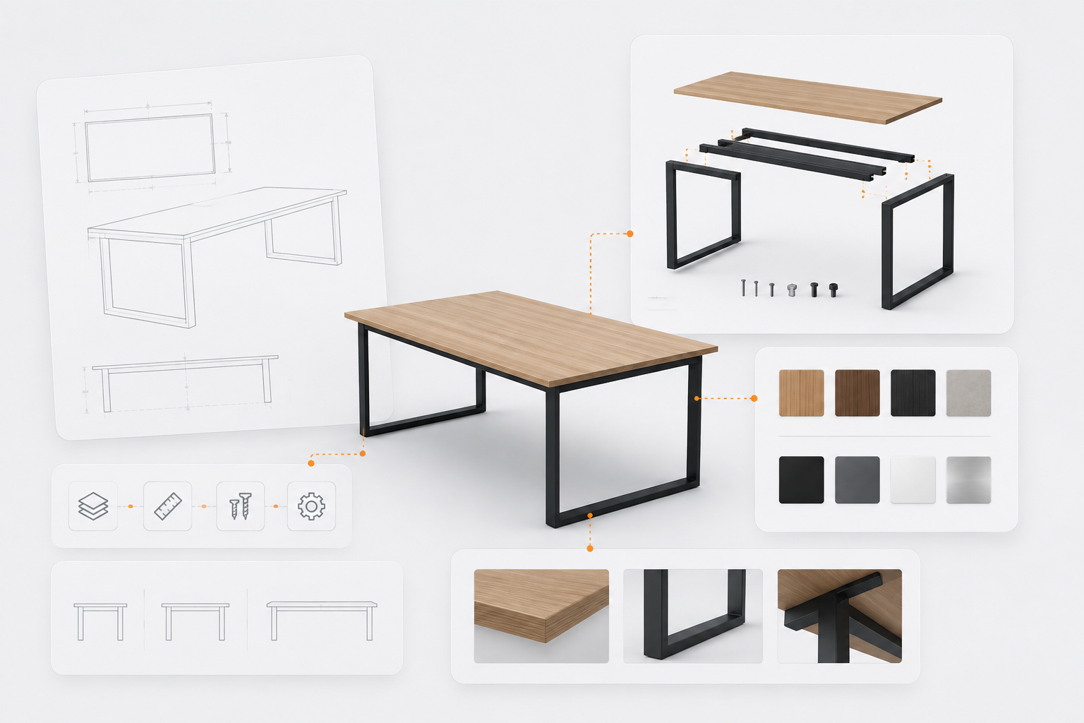 Een ingezoomde afbeelding van een samenstellen bureautafel met houten blad en zwart metalen onderstel, inclusief details van de onderdelen en kleurkeuzes.