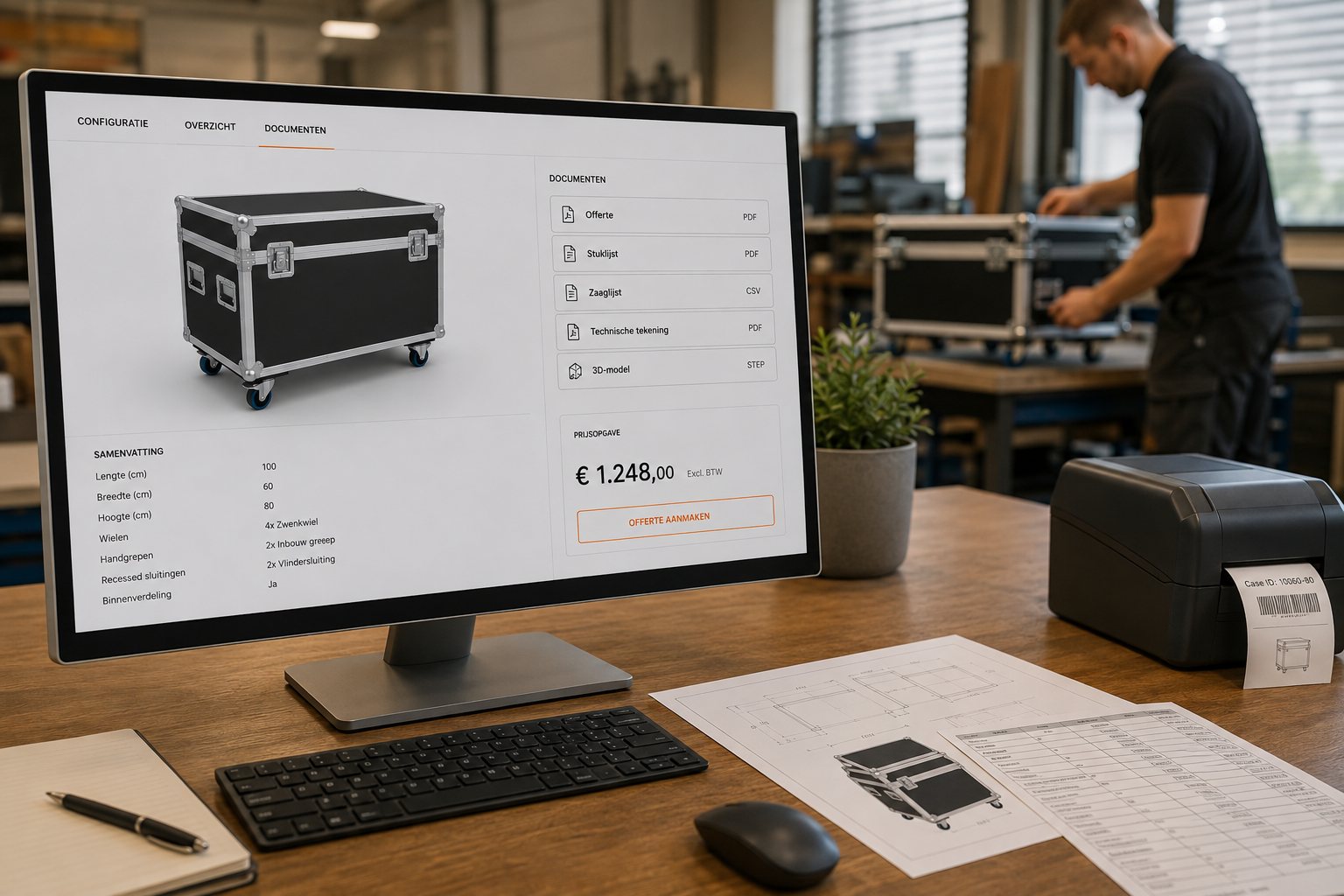 Computer scherm toont een offerte voor een zwarte transportkist met wieltjes, inclusief specificaties en prijs.