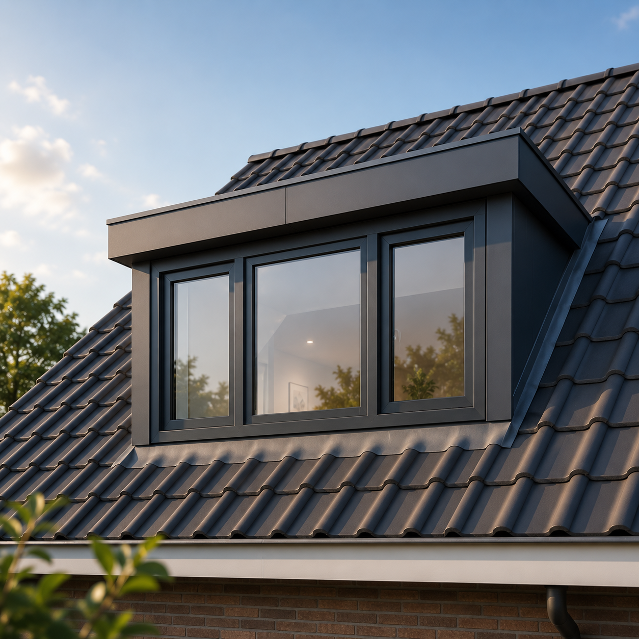 Een modern dakkapel met zwarte kozijnen op een schuin metalen pannendak, met bomen op de achtergrond en een blauwe hemel met wat wolken.