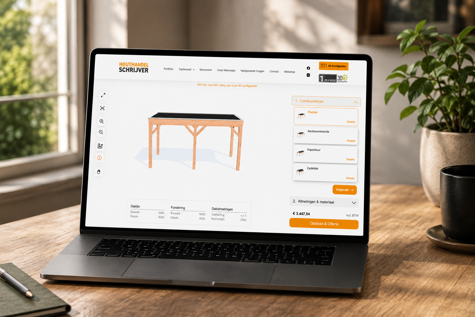 Laptop op een houten tafel toont een online productconfigurator voor een tafel met een houten frame en zwart blad, omgeven door een groene kamerplant en verlichte kamer met raam op de achtergrond.