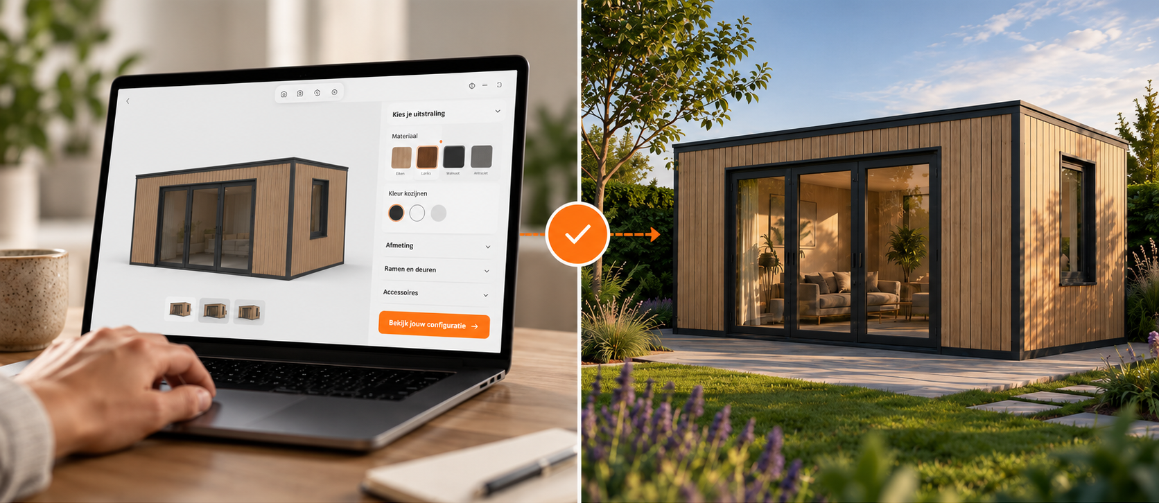 Een persoon ontwerpt een houten tuinhuisje op een laptop met een gesimuleerd ontwerp aan de linkerkant en het voltooide houten tuinhuisje staat aan de rechterkant in een tuin met planten en bomen.