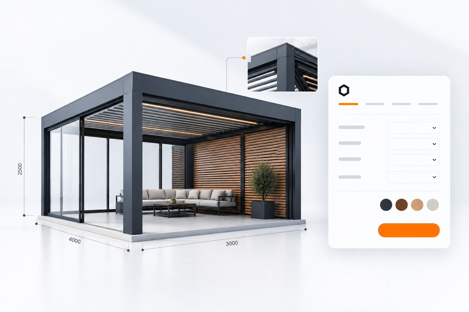 Moderne buitenlounge met glazen wanden, houten panelen, een zwart metalen frame en comfortabele zitplaatsen, met afmetingen 4 meter bij 3 meter, en een decoratief plantenbak met een groene plant naast de muur.