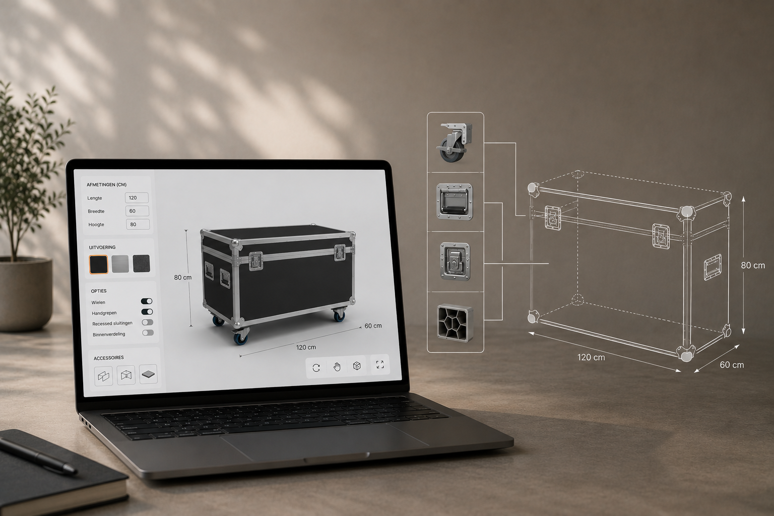 Een laptop met een ontwerpprogramma voor een kist, met afmetingen en technische details op het scherm en een 3D-tekening met afmetingen in de lucht ernaast.