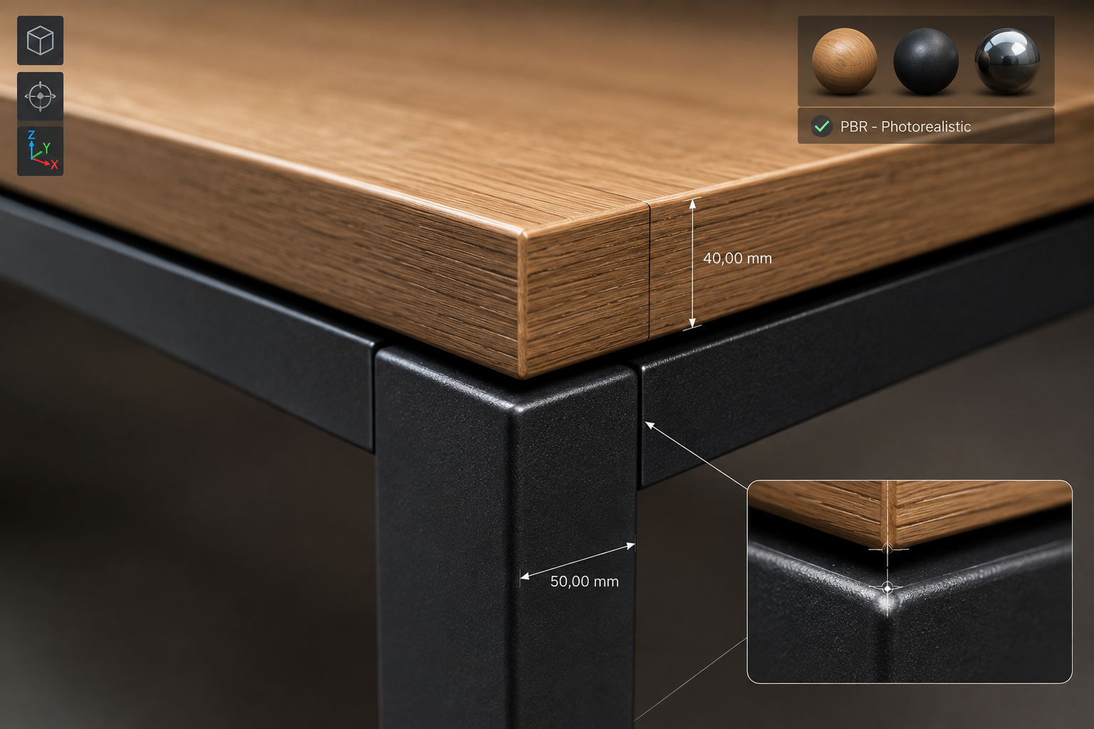 Close-up van een hoek van een tafel met een houten bovenblad en een zwarte metalen onderstel, met afmetingen en een selectie van verschillende houtsoorten.