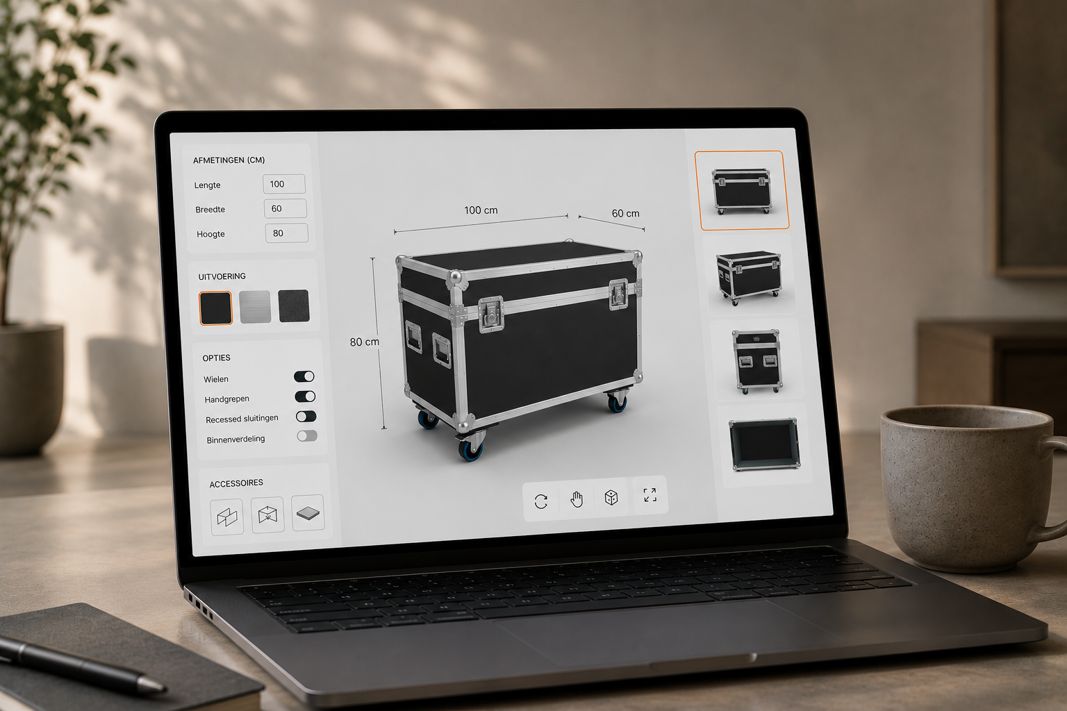 Laptop die een ontwerp van een zwarte transportkist met roestvrijstalen randen toont, inclusief afmetingen, opties en accessoires, geplaatst op een tafel in een rustige binnenruimte.