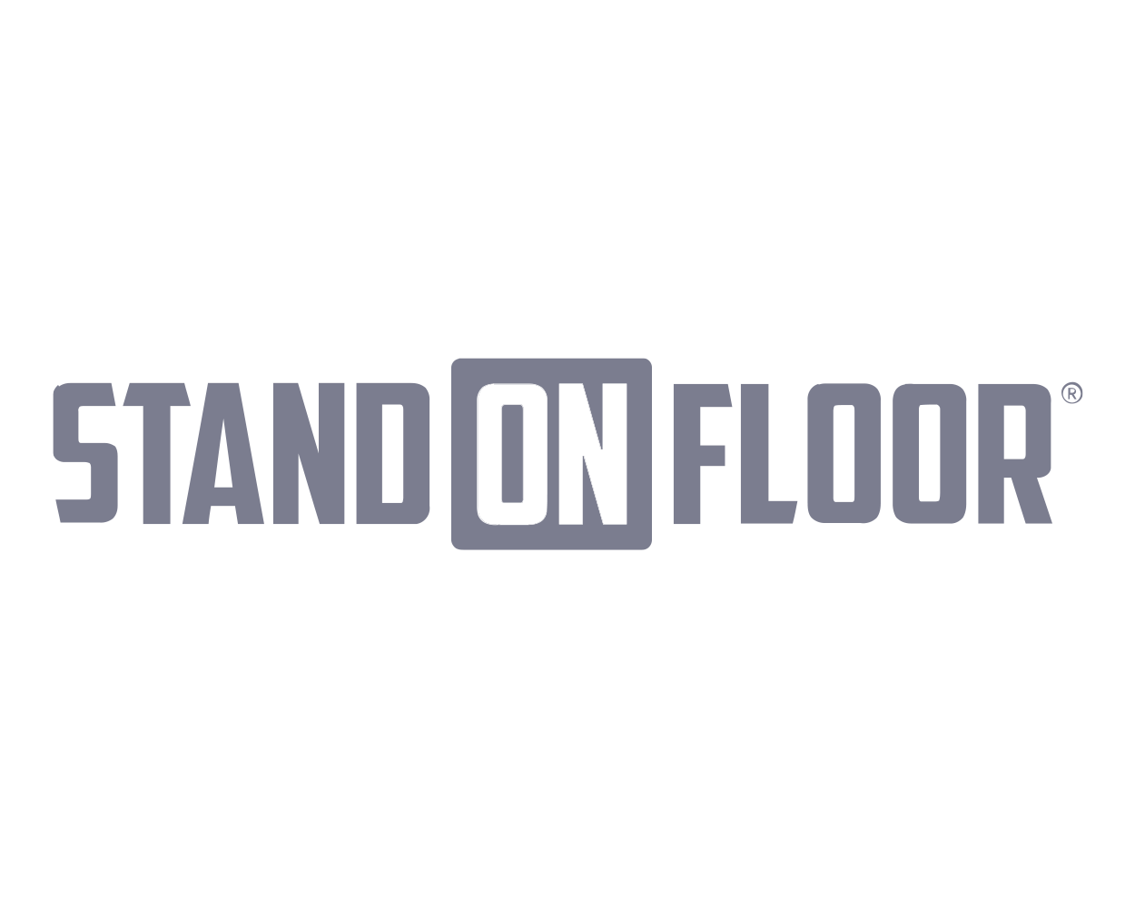 Logo van Stand On Floor met de tekst 'STAND' en 'FLOOR' in grote letters en 'ON' in een vierkantje tussen de woorden.