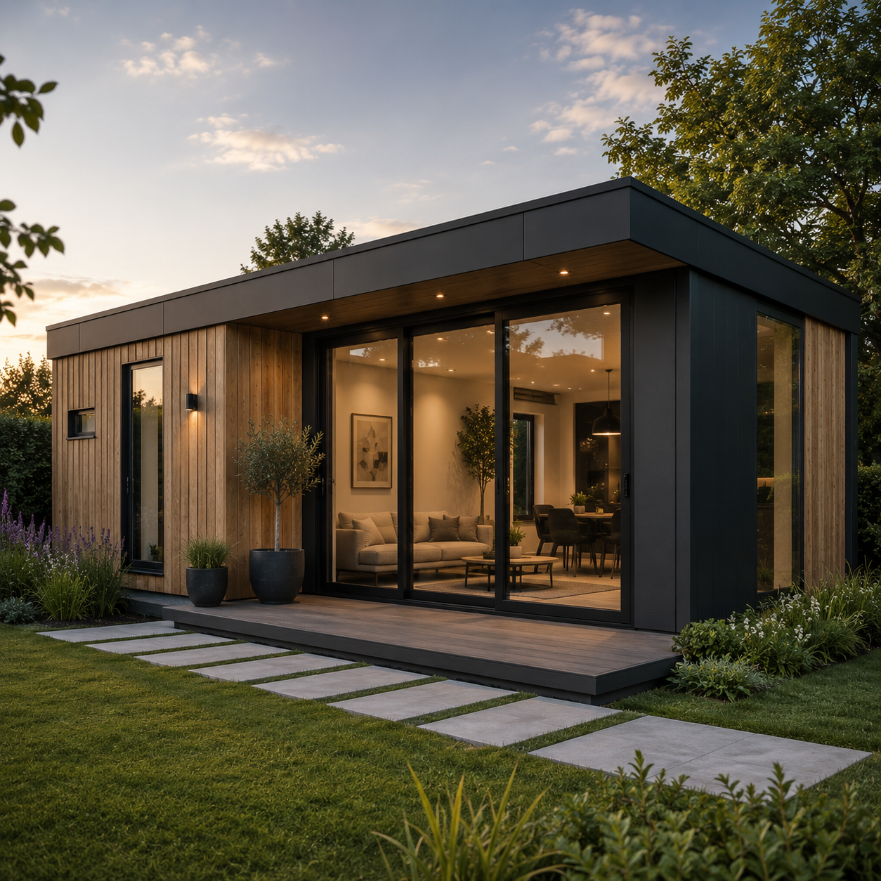 Moderne tiny house met houten en zwarte gevel, grote glazen deuren en tuin met planten en paden, tijdens zonsondergang.