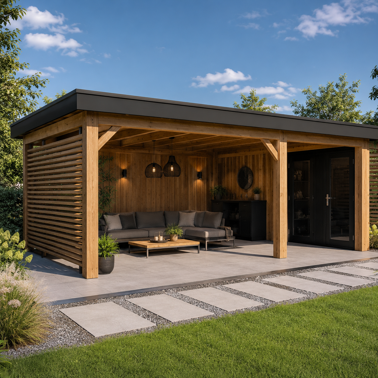 Een houten tuinkamer met een comfortabele loungebank, planten, en binnenverlichting, met een stenen en gras tuin erbuiten en een blauwe lucht met enkele wolkjes.