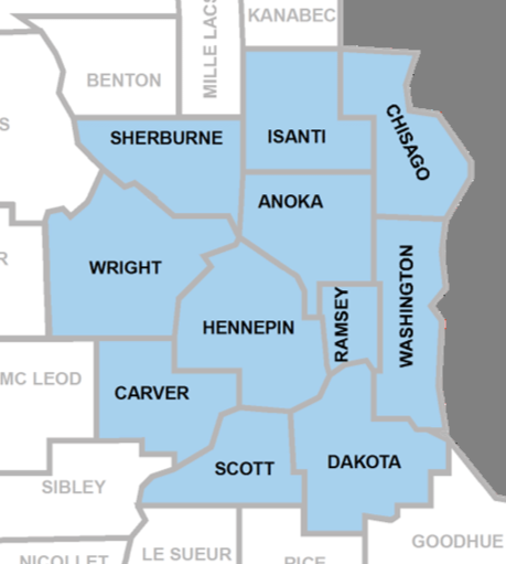Map of neighborhoods in Chicago, Illinois, including Sherburne, Isanti, Chisago, Wright, Anoka, Hennepin, Ramsey, Washington, Carver, Scott, Dakota, and others.