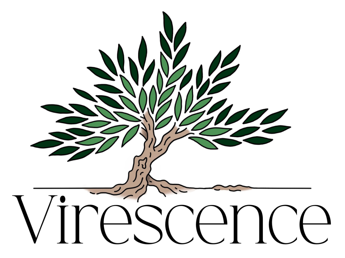 A tree with green leaves and brown trunk above the word "Virescence" in black text.