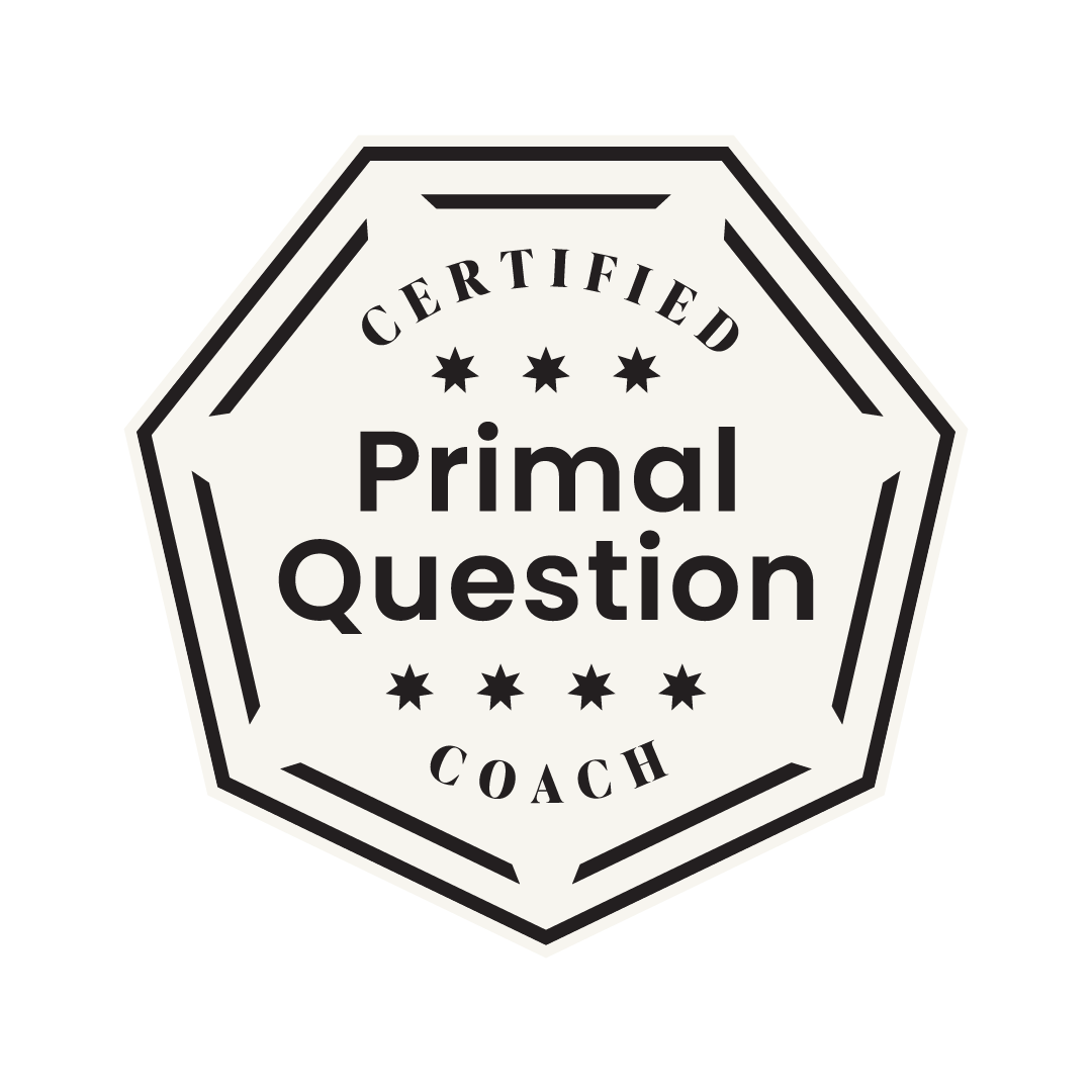 A black and white logo with a hexagonal border that reads 'Certified Primal Question Coach' with stars.