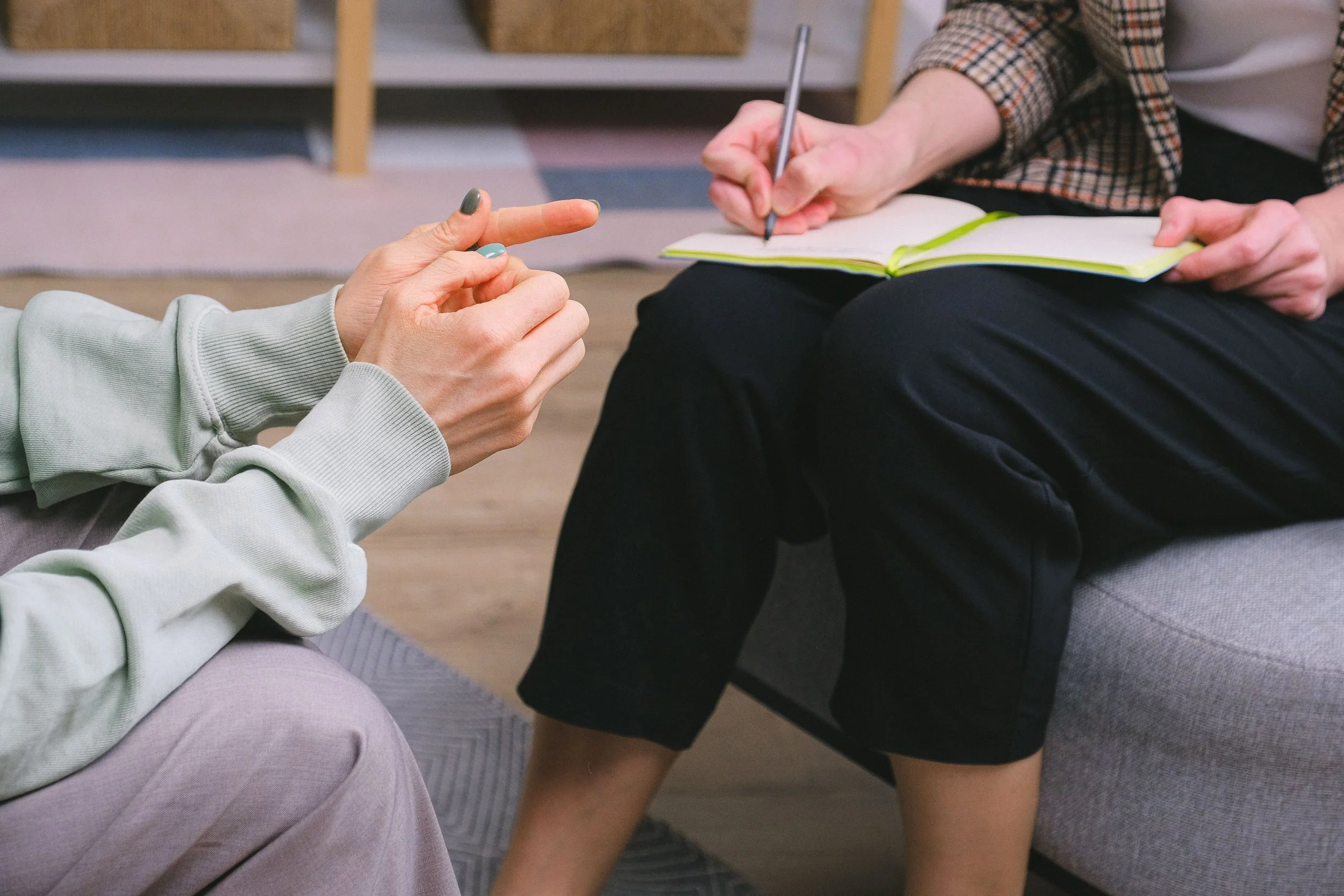 Two persons seating across each other. The person on the left wearing light gray pants and light green sweater with hands clasped together. The person on the right is wearing black trousers with gray shirt and is writing on a notebook or journal.