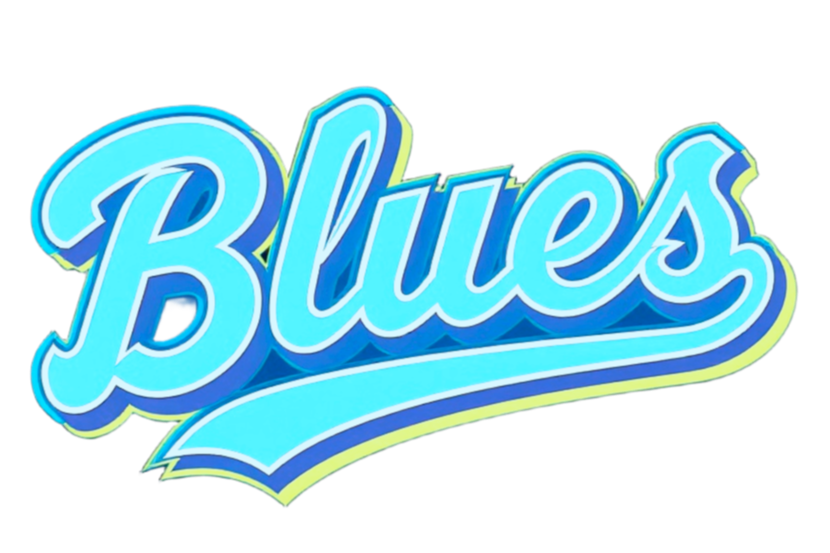Bright neon sign spelling 'Blues' in blue and green colors.