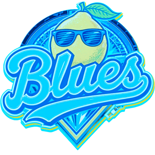 Logo for Blued with a lemon wearing sunglasses and a leaf, in blue and yellow colors.