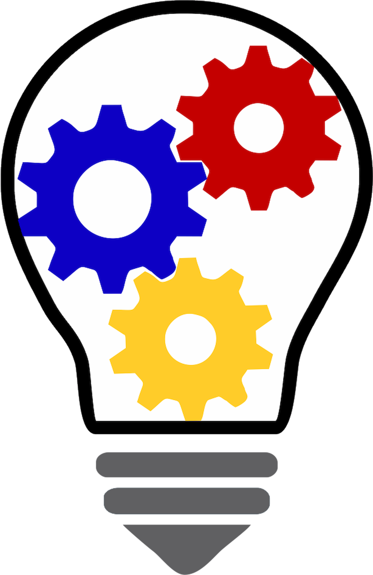 Lightbulb shape with four interconnected gears inside, in blue, red, yellow, and gray colors.