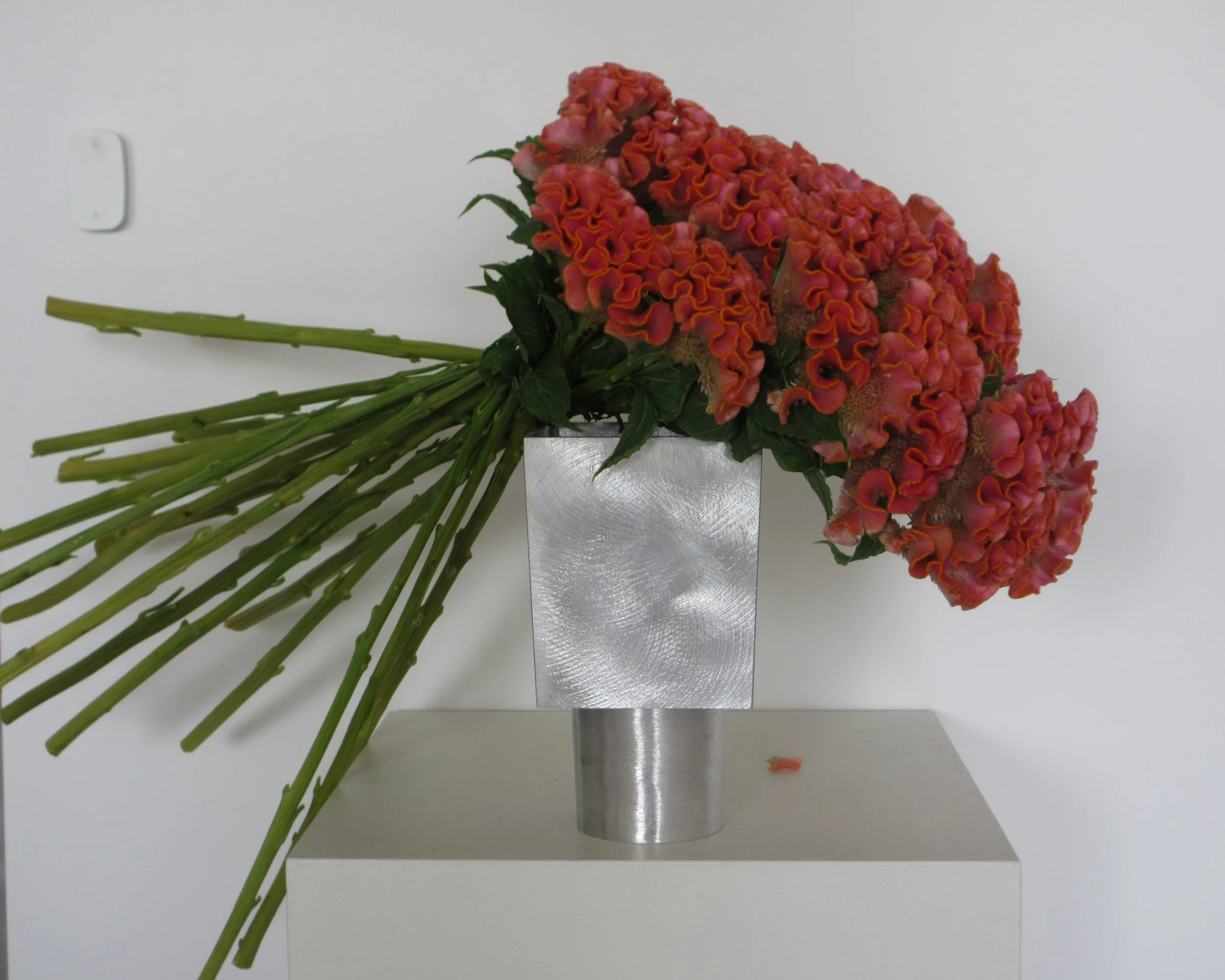 Bouquet de fleurs roses dans une vase en métal argenté sur un socle blanc.