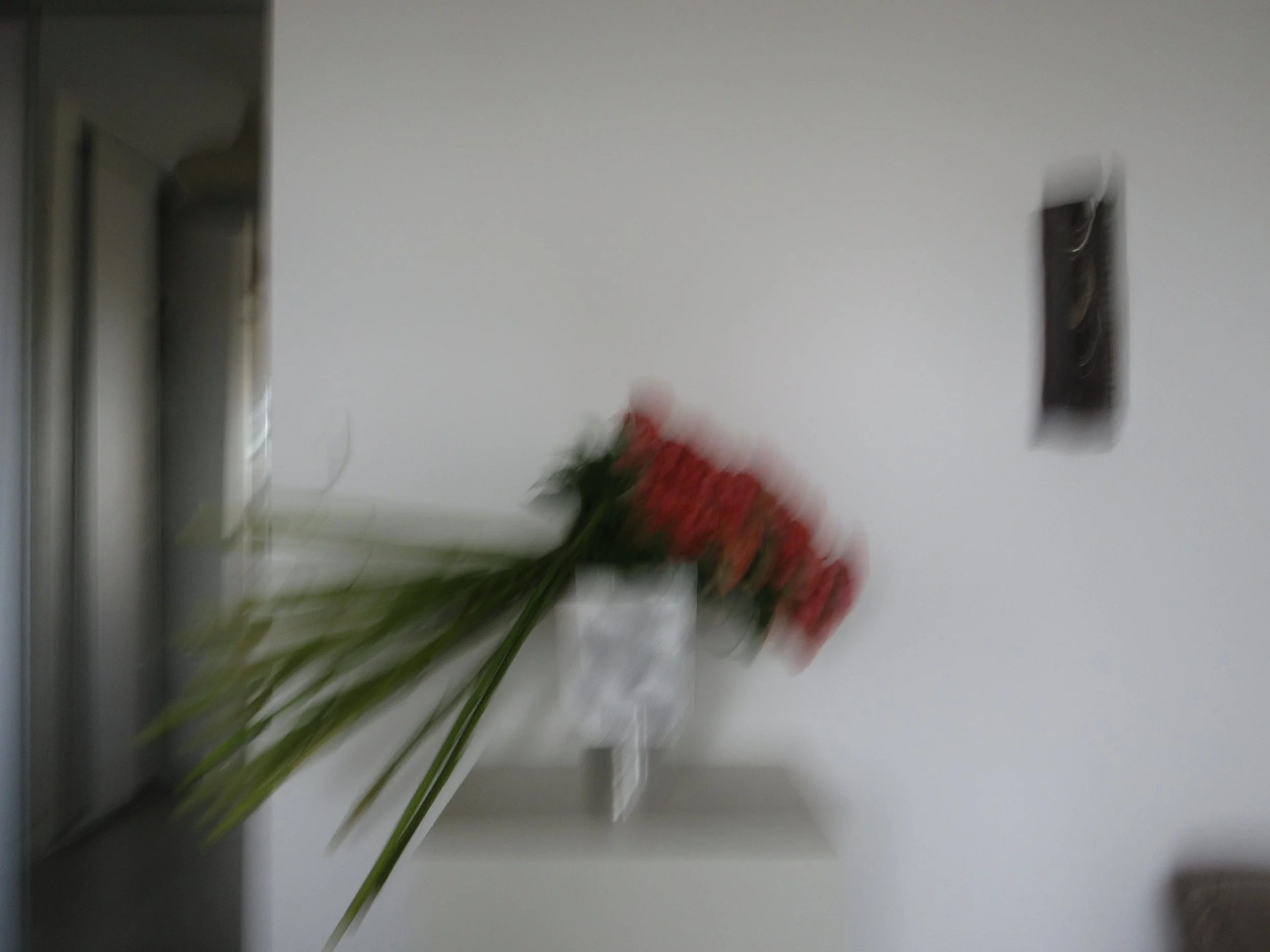 Un bouquet de fleurs rouges dans un vase posé sur une étagère blanche, avec un mur blanc en arrière-plan. L'image est floue.