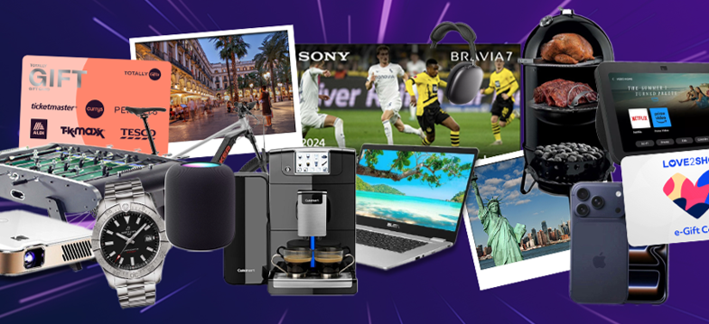 Collection of various electronic gadgets, gift cards, photos, and a watch on a purple background.