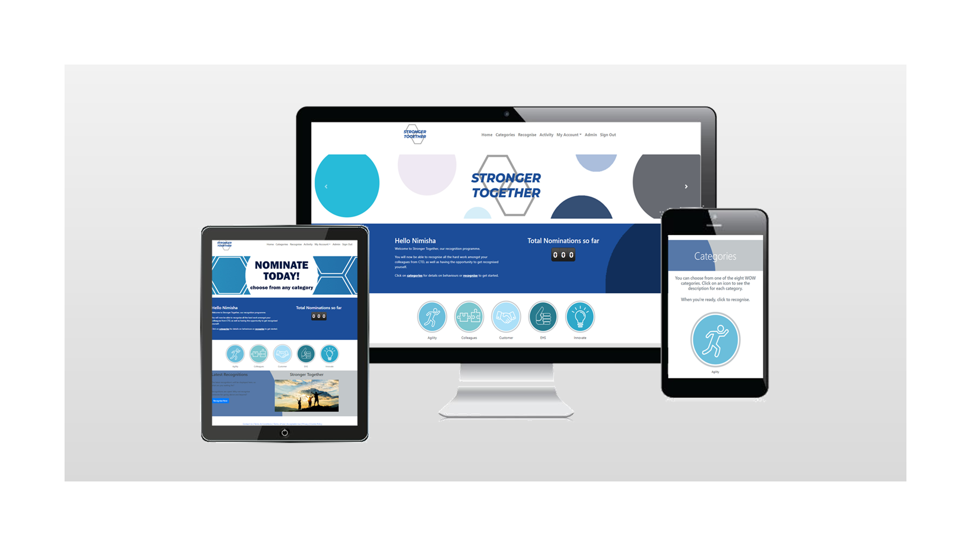 A computer monitor and two tablets displaying a website called 'Stronger Together.' The website features categories like agility, colleagues, customer, EHS, and innovate, with a blue, gray, and white color scheme. The screens show various sections in