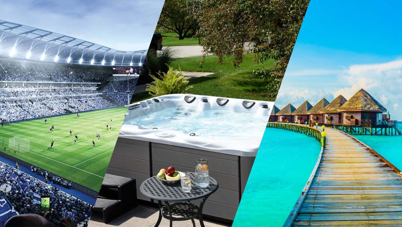 A collage of three scenes: a soccer stadium filled with spectators, a backyard hot tub with drinks and fruit nearby, and overwater bungalows on a wooden pier over turquoise water.