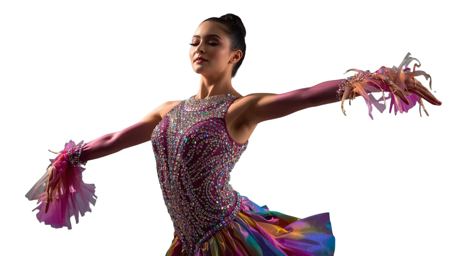 A female rhythmic gymnast in a colorful, embellished leotard performing a routine with arms extended and a focused expression.