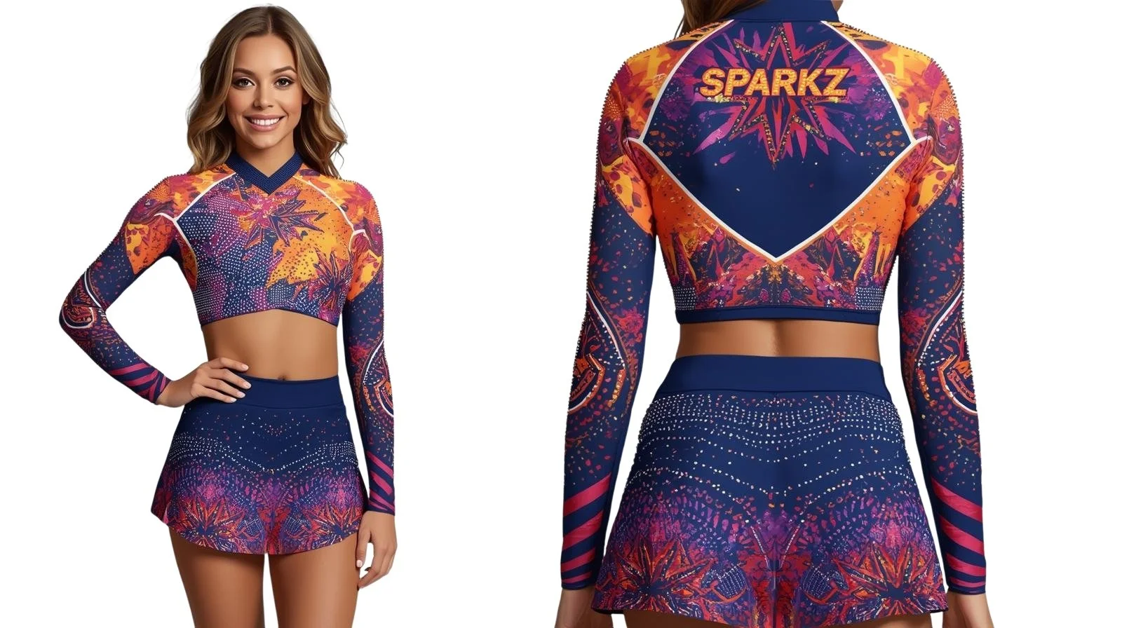 Front and back views of a woman wearing a colorful cheerleading uniform with the word "SPARKZ" on the back, featuring a vibrant, tropical-inspired pattern in shades of orange, purple, and blue.