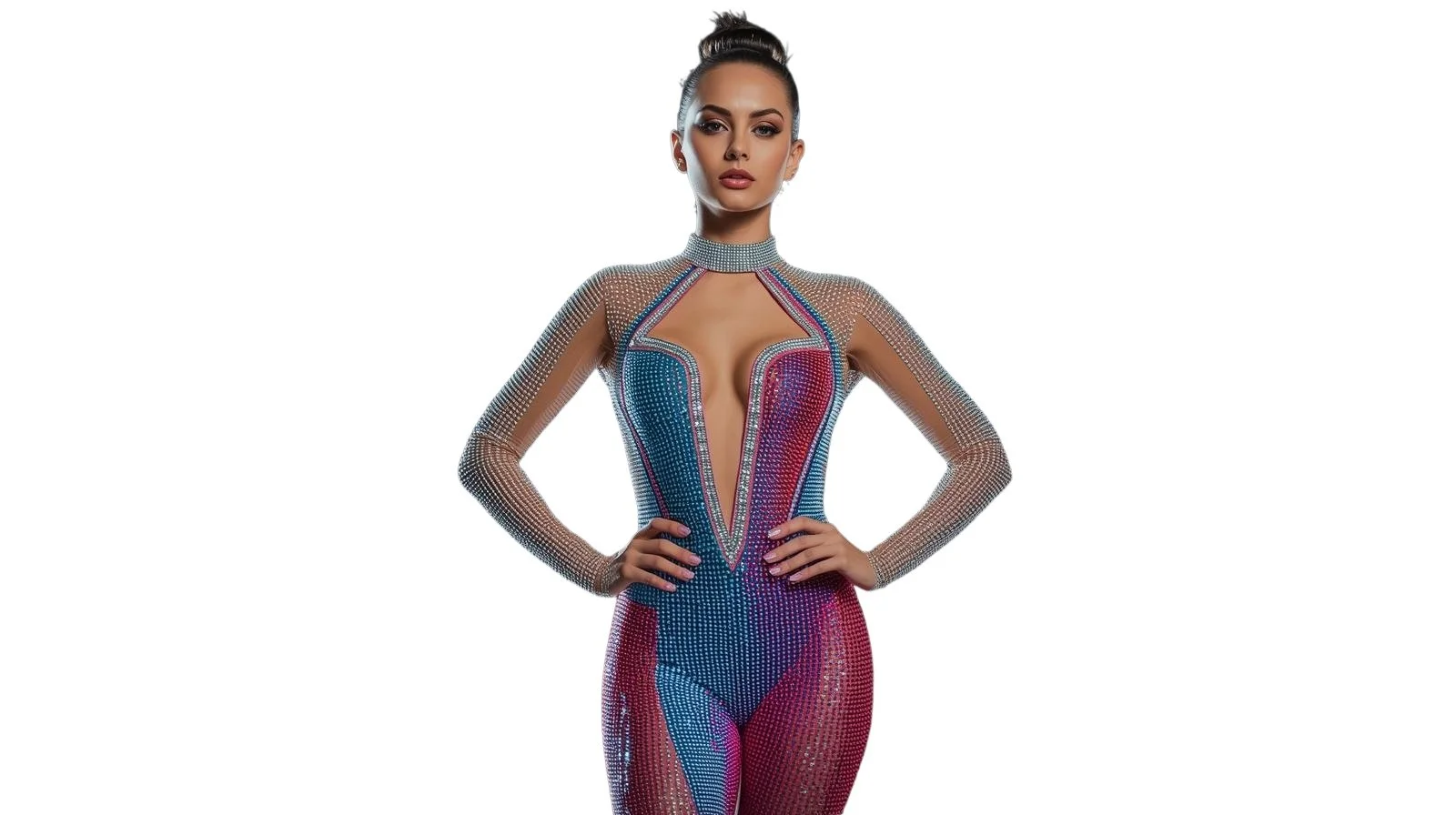 A woman wearing a colorful, form-fitting dress with a deep V neckline, made of sheer and rhinestone elements, with her hands on her hips.