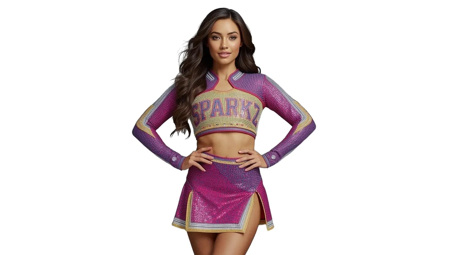 Young woman with long brown hair wearing a shiny, colorful cheerleader outfit with the word 'SPARKS' on the top, posing with her hands on her hips.