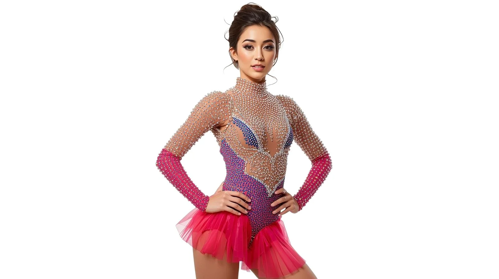 A woman wearing a multicolored, rhinestone-encrusted dance costume with long pink gloves and a pink tutu skirt, posing confidently against a white background.