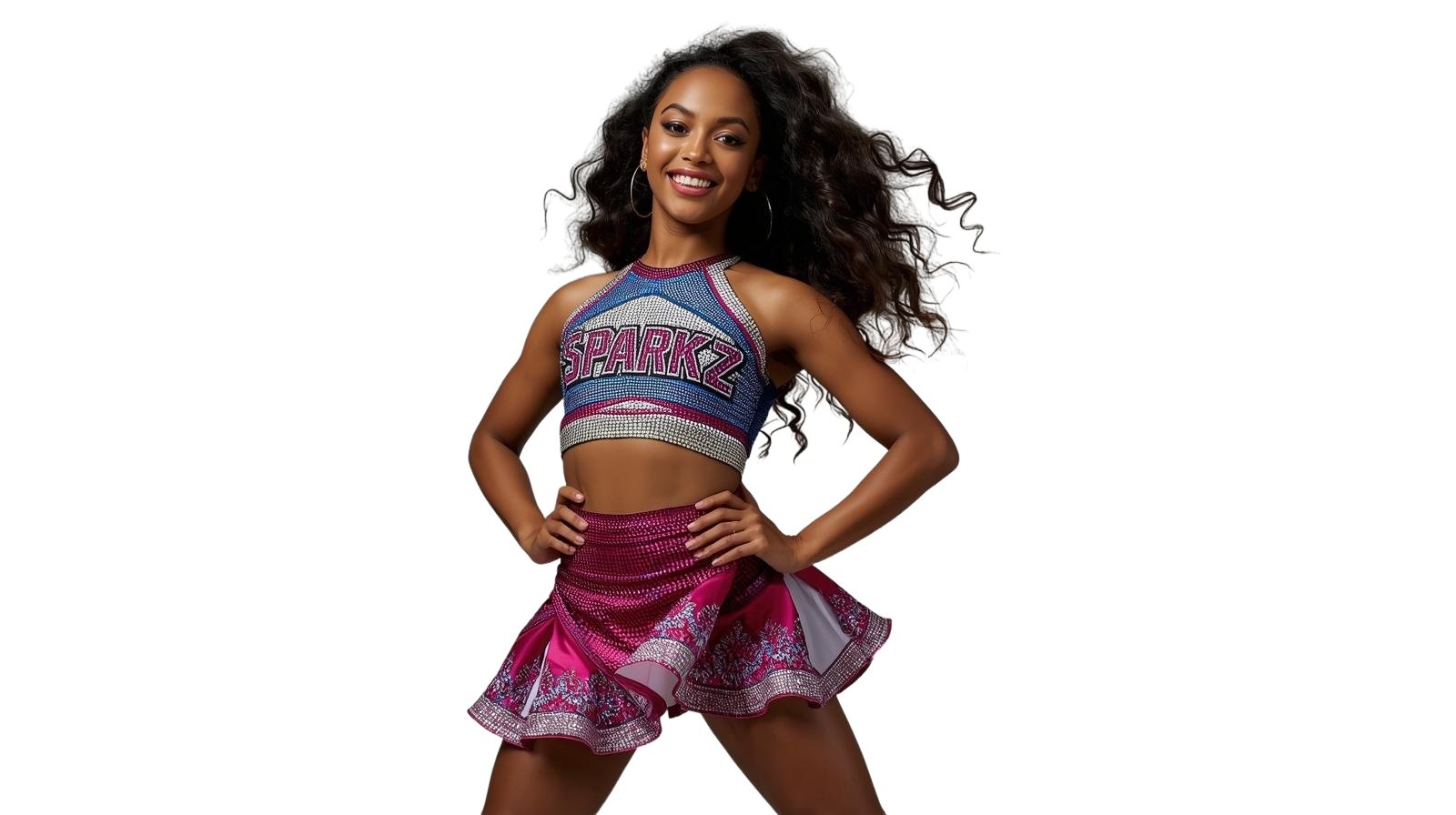 A young woman smiling and posing confidently in sparkly cheerleading or dance attire, with a high-neck crop top and a short, pink ruffled skirt.