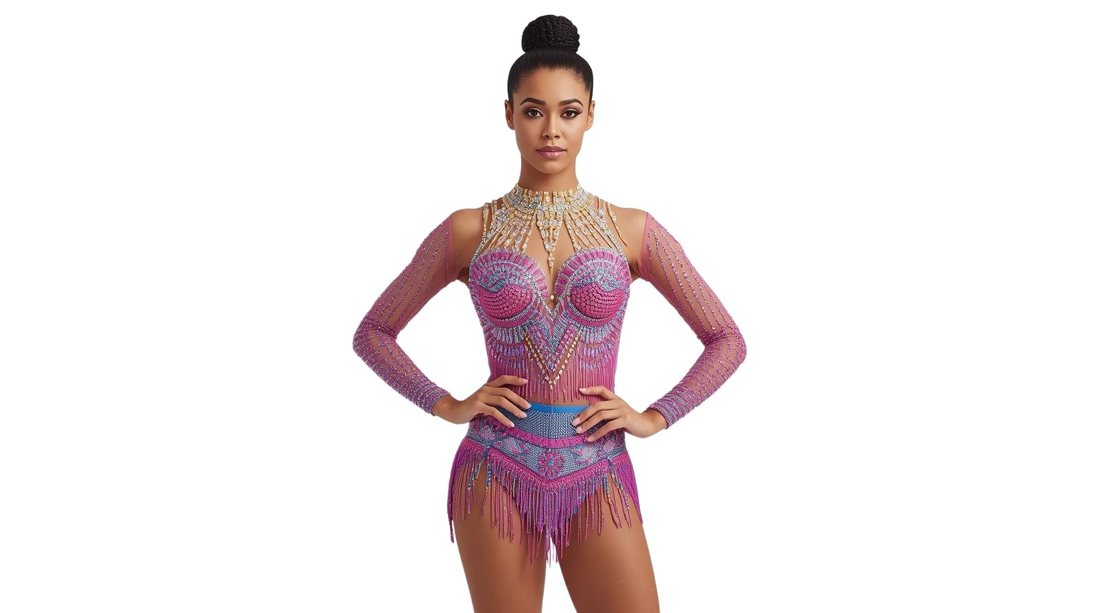 Woman in a glittery, pink and purple costume with long sleeves and a high neckline, featuring intricate patterns and fringe details.