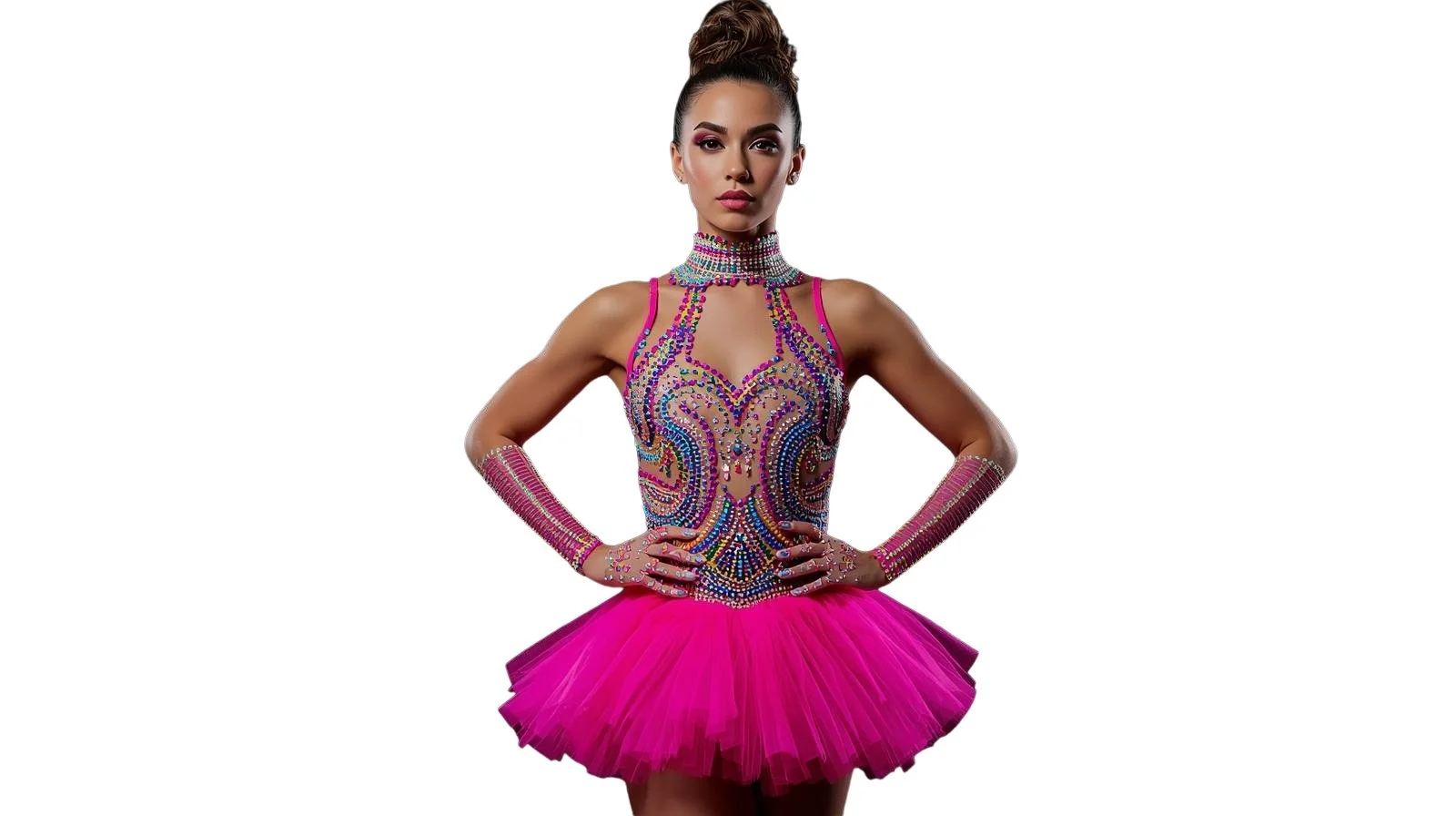 A woman in a vibrant pink tutu dress with intricate multicolored rhinestone embellishments, wearing matching pink gloves and a rhinestone choker, standing with her hands on her hips against a white background.