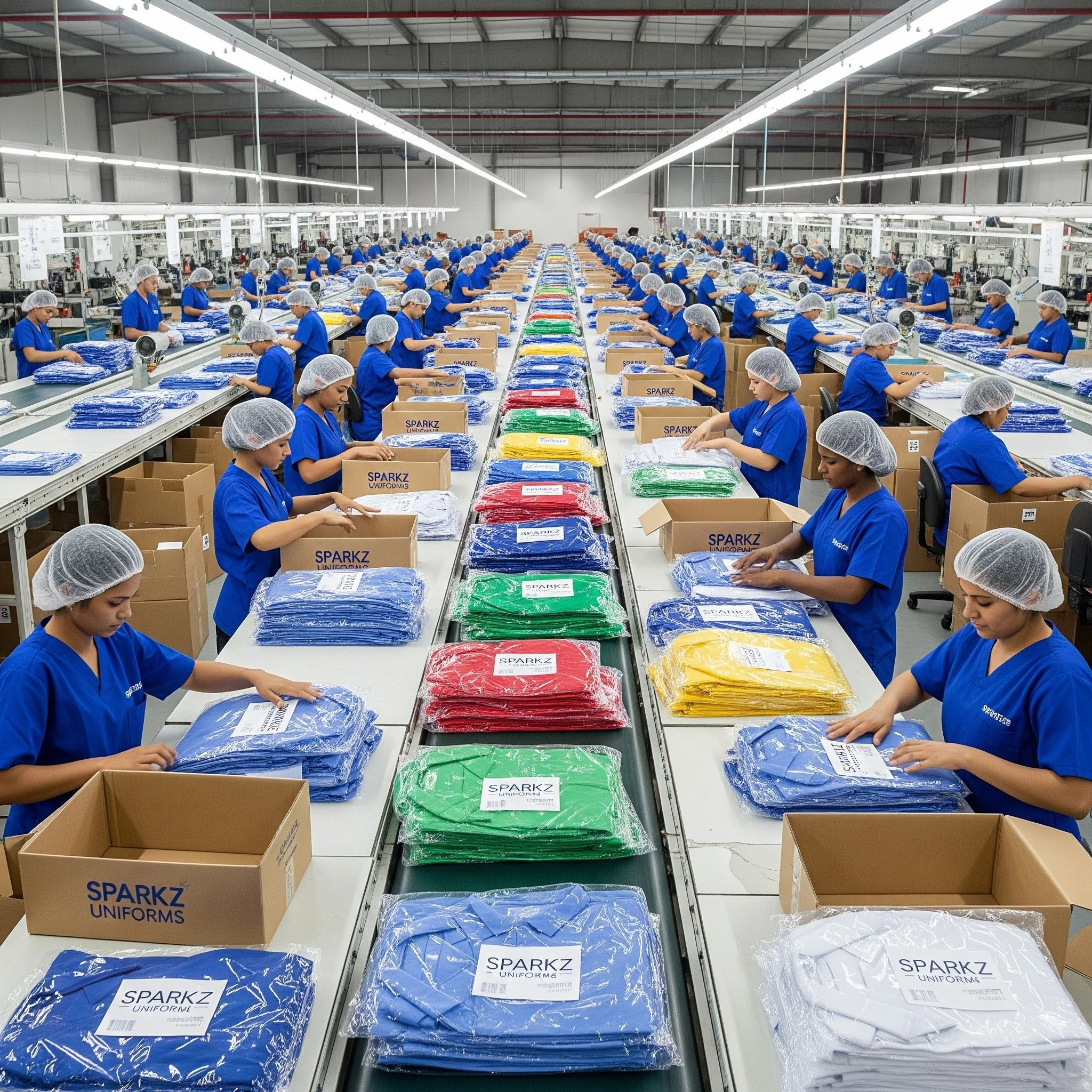 Workers in blue uniforms and hairnets assemble and package colorful uniforms on a long factory production line.