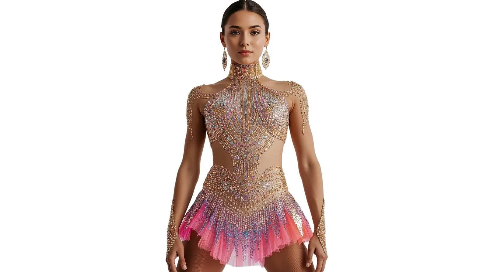 A woman wearing a sparkling figure skating or dance costume with rhinestones, a high neckline, and a pink tulle skirt.