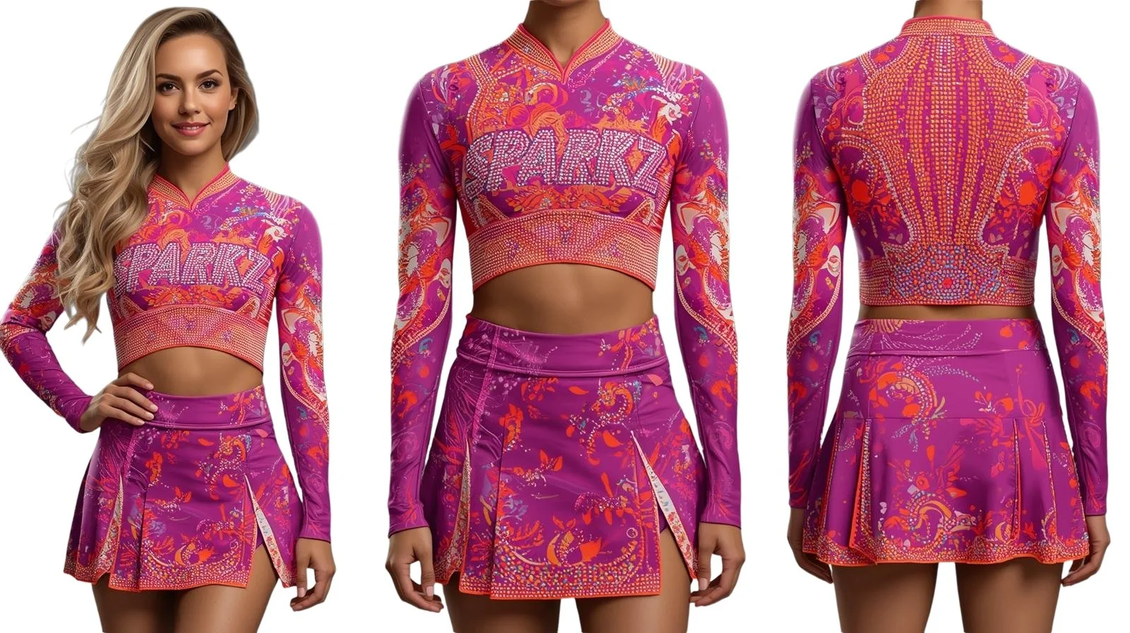 Three women wearing matching purple and pink patterned athletic outfits with long-sleeve crop tops and skirts, showing front and back views.