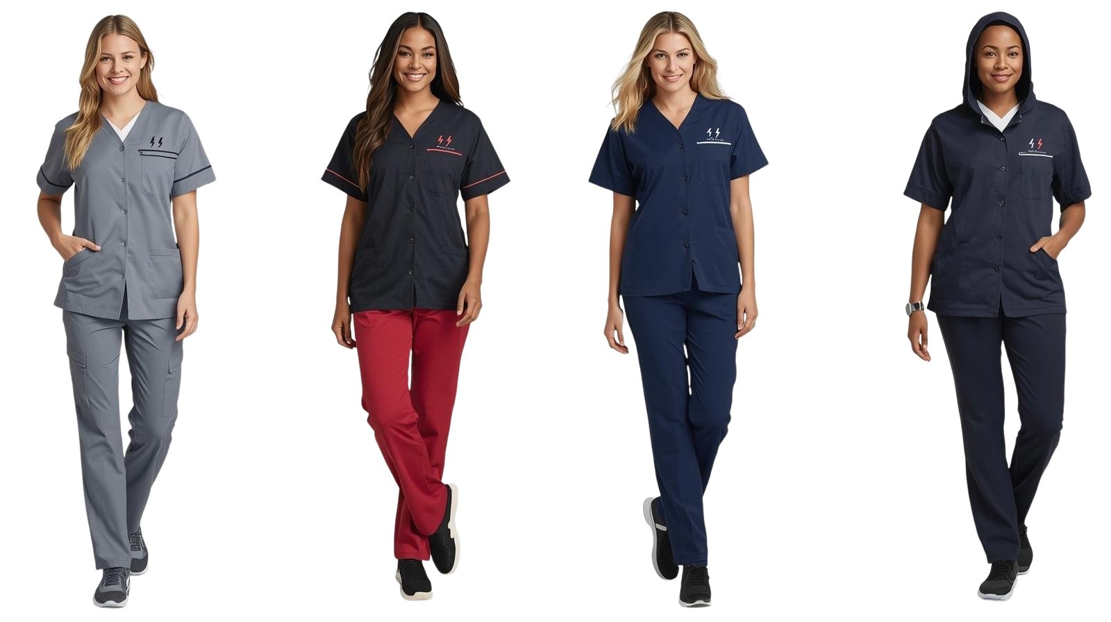 Four women modeling various styles of scrub uniforms, each with different colored pants and tops, standing in a row, smiling.