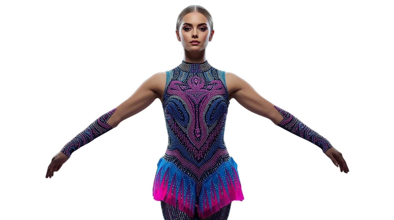 Young female figure skater in a colorful, rhinestone-studded costume with pink, blue, and purple patterns, posing with arms extended to the sides against a plain white background.