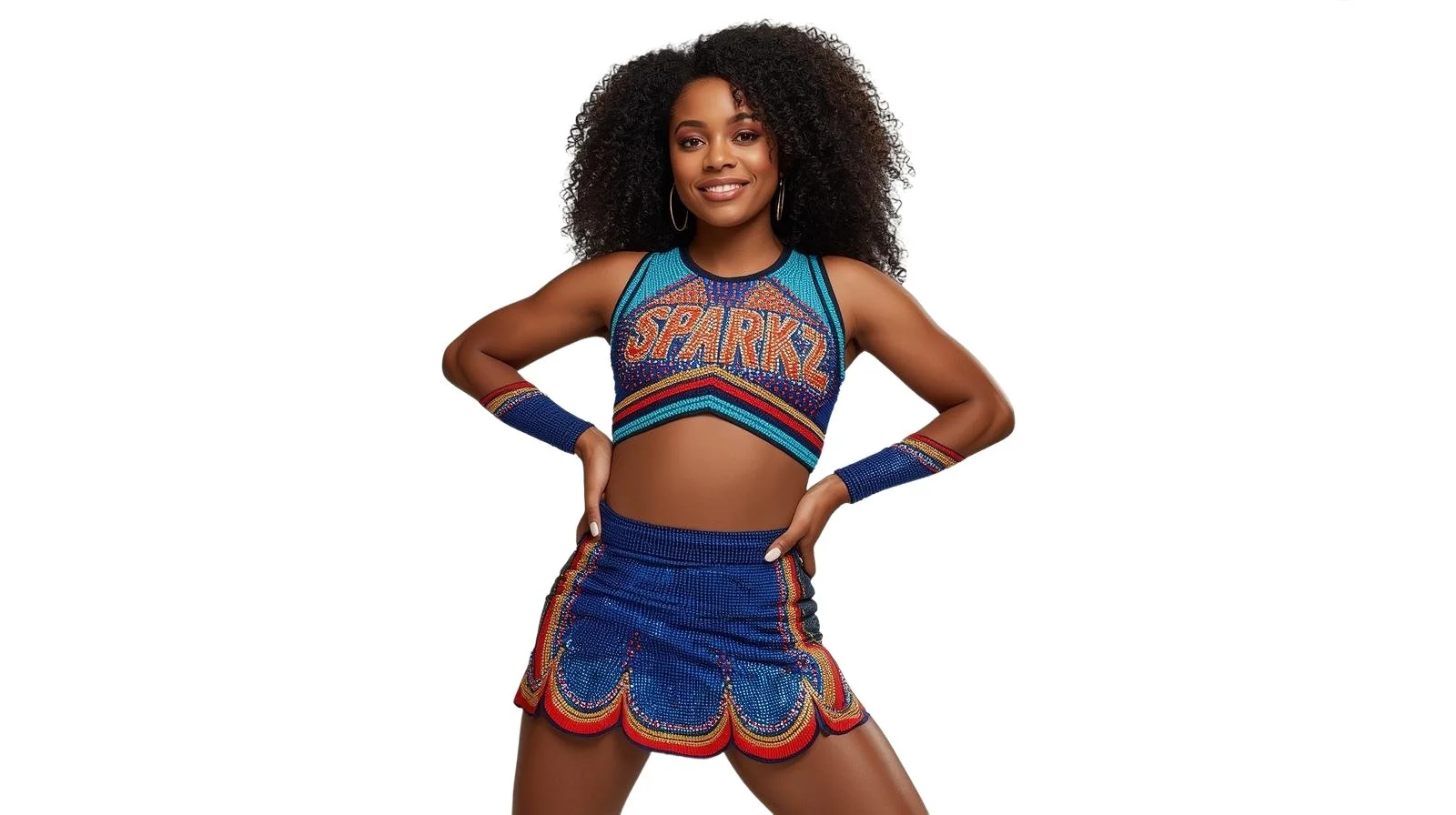 A woman with curly black hair wearing a colorful cheerleading uniform with the word 'SPARKZ' on the top, posing confidently against a plain white background.