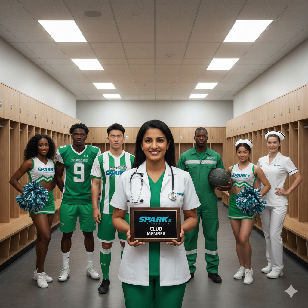 A group of diverse athletes and cheerleaders inside a locker room, with a female doctor holding a 'Club Member' plaque from Spark Athletics, smiling at the camera.
