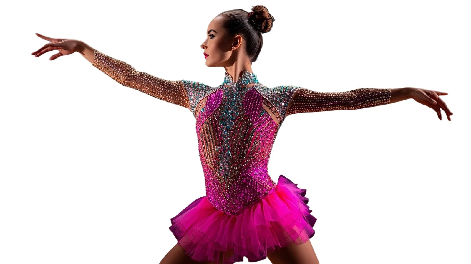 Female figure skater in a colorful, sequined costume with pink tutu, performing a pose against a white background.