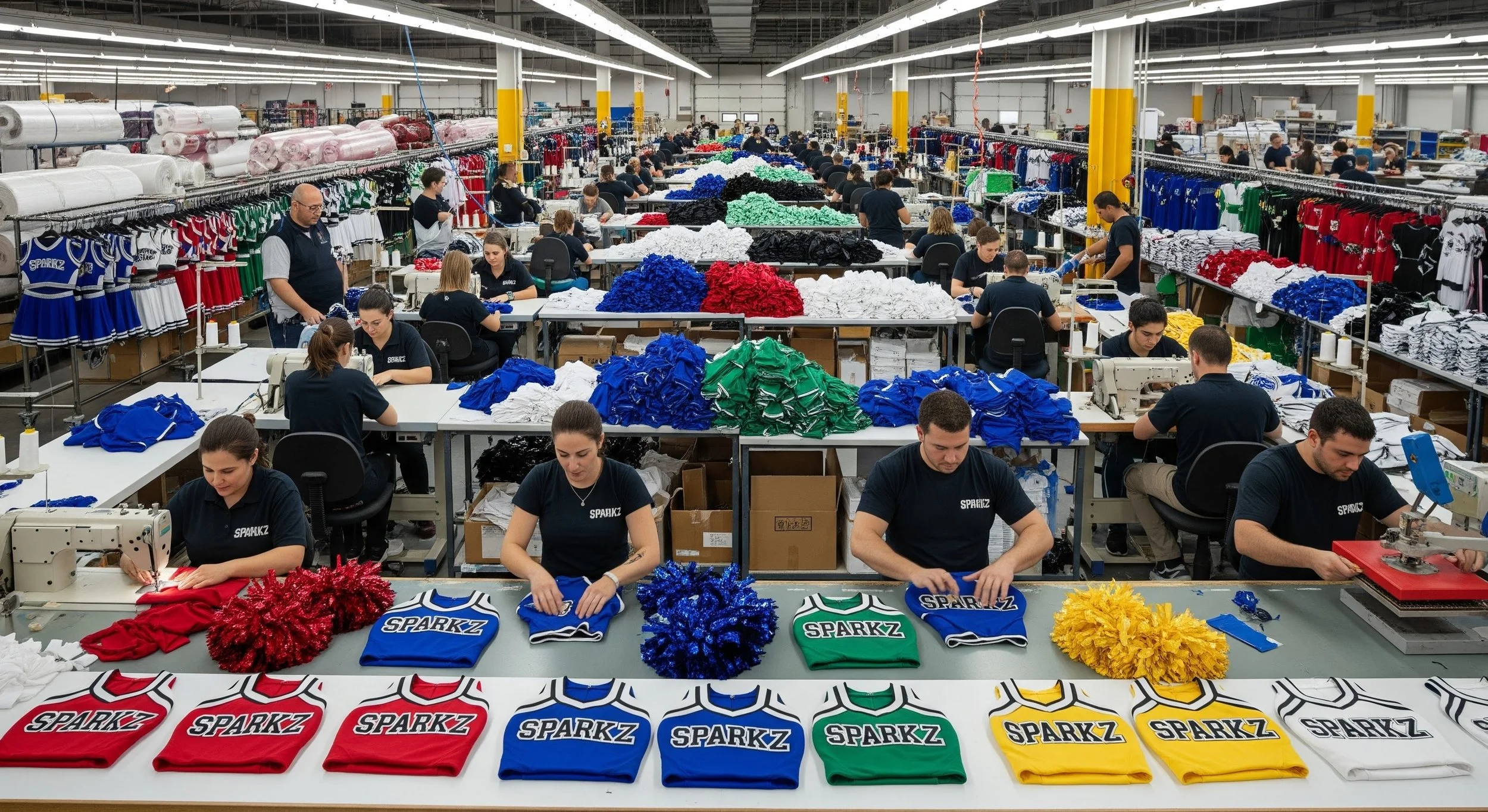 Warehouse with workers assembling cheerleading uniforms, with tables displaying folded jerseys in red, blue, green, yellow, and white, and large piles of pom-poms in matching colors.