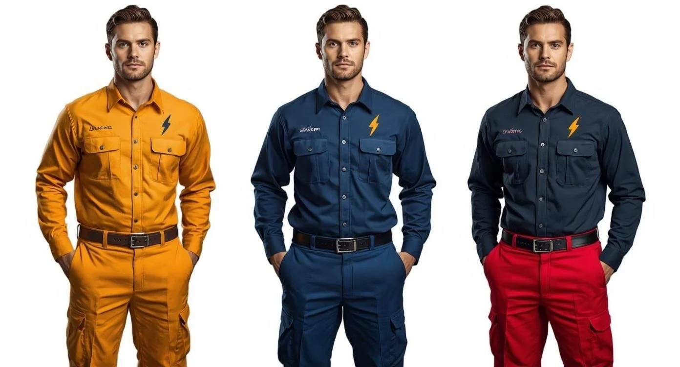 Three men standing side by side, each dressed in a different colored uniform shirt and pants, with their hands in their pockets.