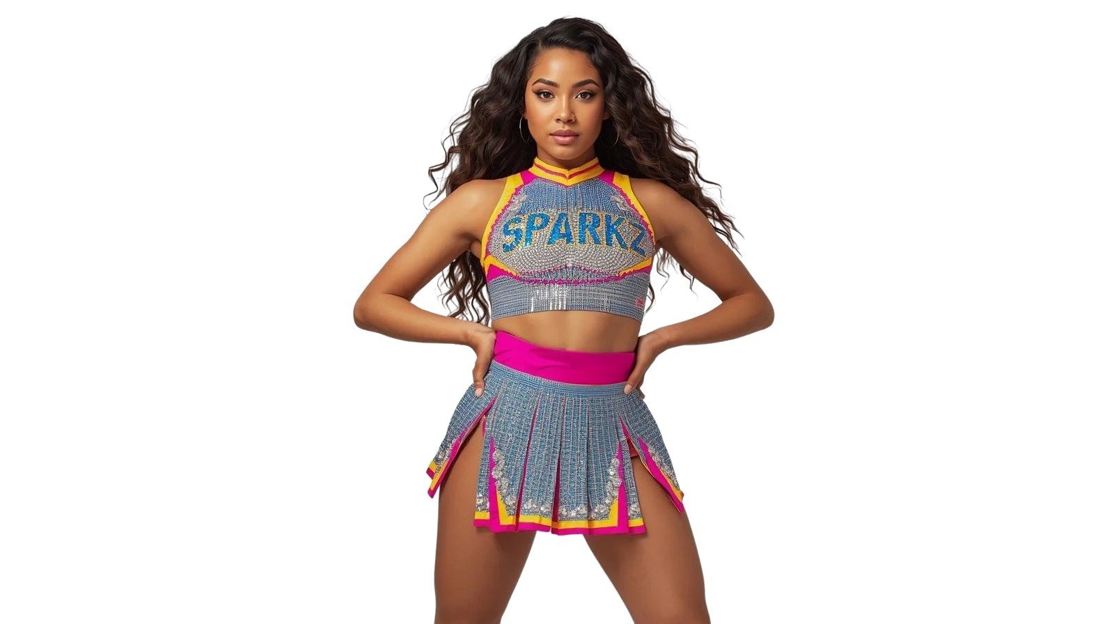 A woman in a colorful cheerleading outfit with a crystal-embellished top and a matching skirt, standing with her hands on her hips against a plain white background.