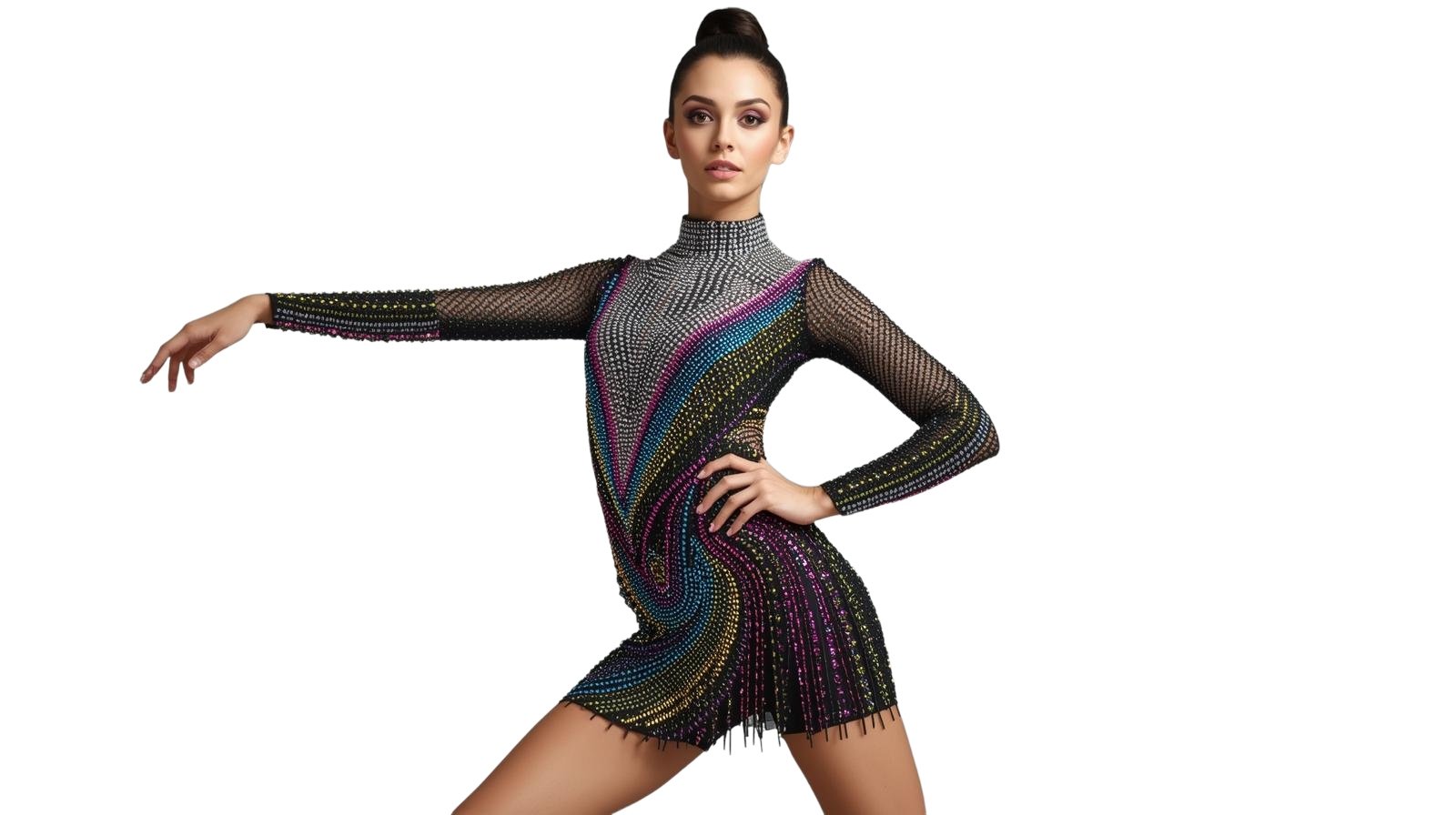 Woman in a multicolored, rhinestone-embellished dance costume with long sleeves and high neckline, striking a pose against a white background.