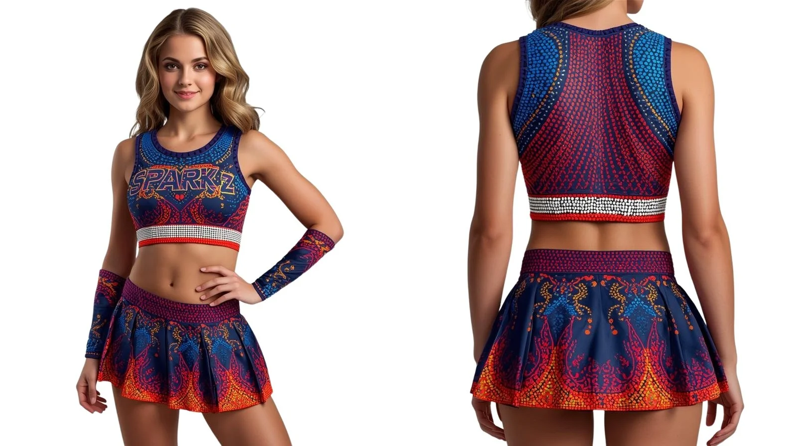 A young woman in a colorful cheerleader outfit with a crop top and a pleated skirt, standing with one hand on her hip and smiling, facing front and back visible.
