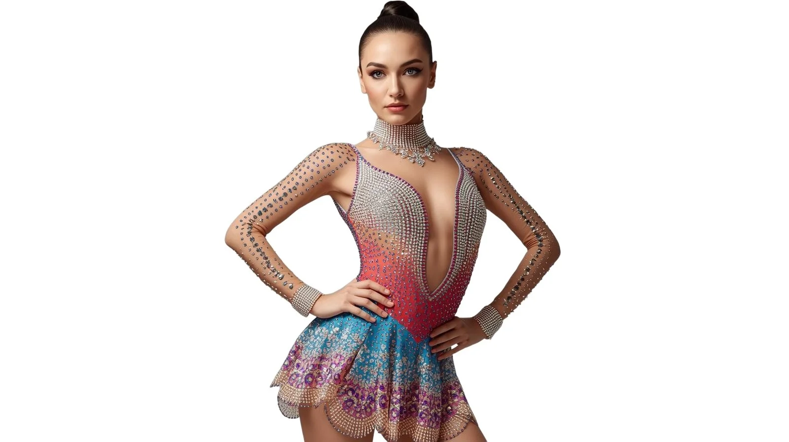 A woman in an elaborate dance costume with a deep V neckline, adorned with rhinestones, and a colorful skirt with intricate patterns.