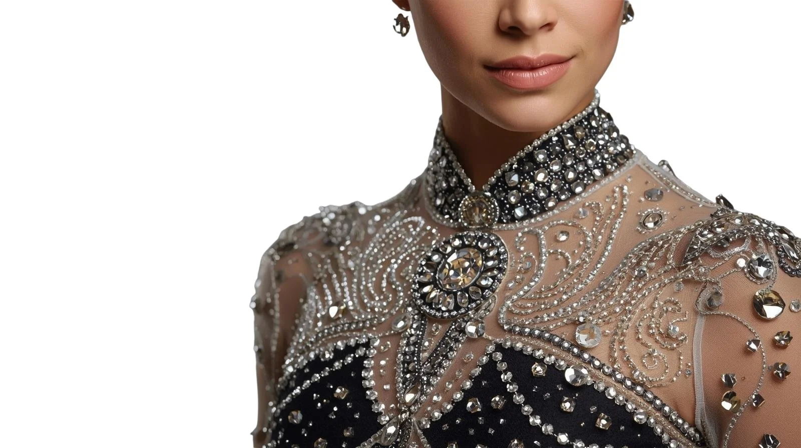 Close-up of a woman's upper body wearing an ornate, embellished dress with intricate beading and rhinestones, and a high neckline with a large decorative brooch or pendant.