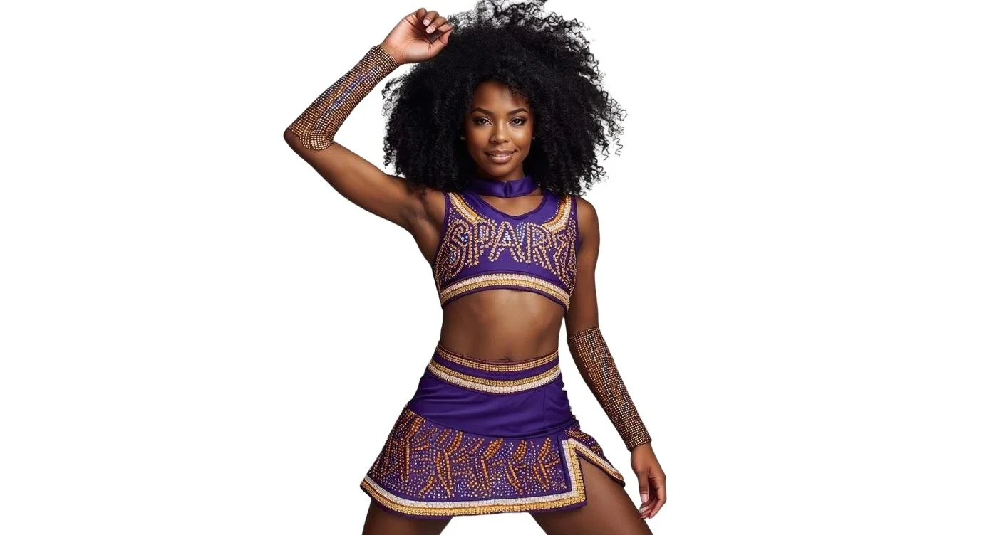 A woman with curly black hair in a purple cheerleading outfit with gold and silver accents, the word 'SPARK' written across her top, standing against a white background.