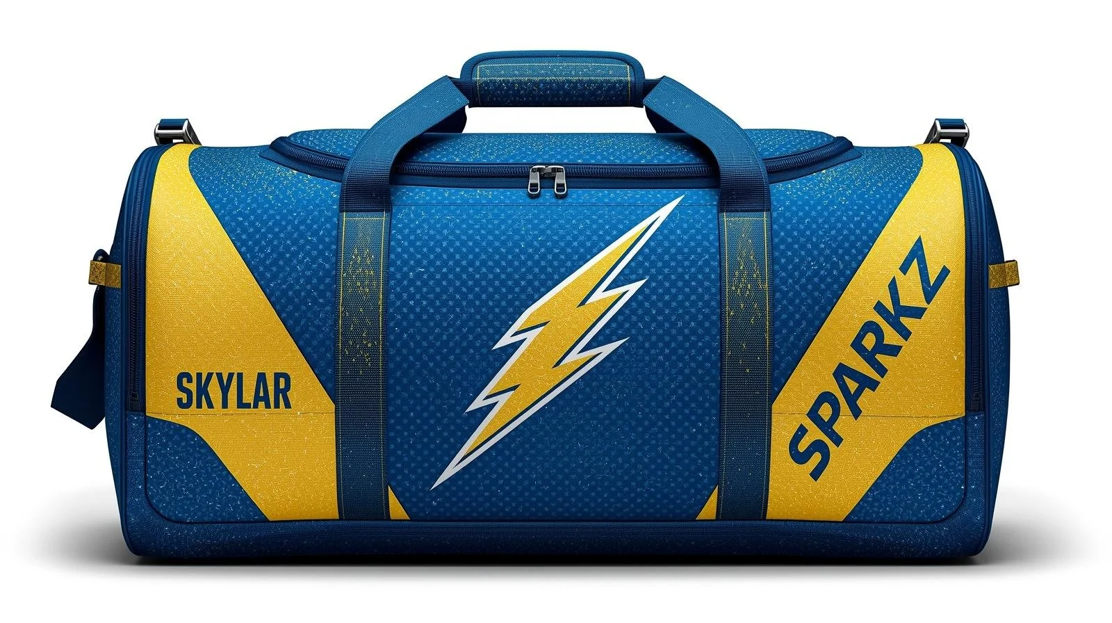 Blue, Yellow and White Duffle Bag